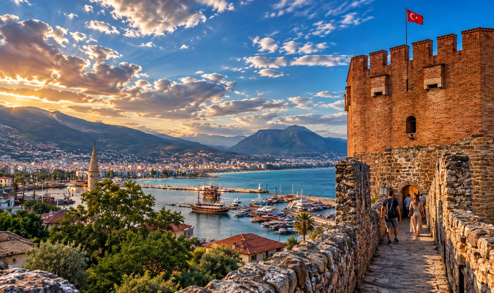 Alanya Kalesi surlarından liman ve şehir manzarası