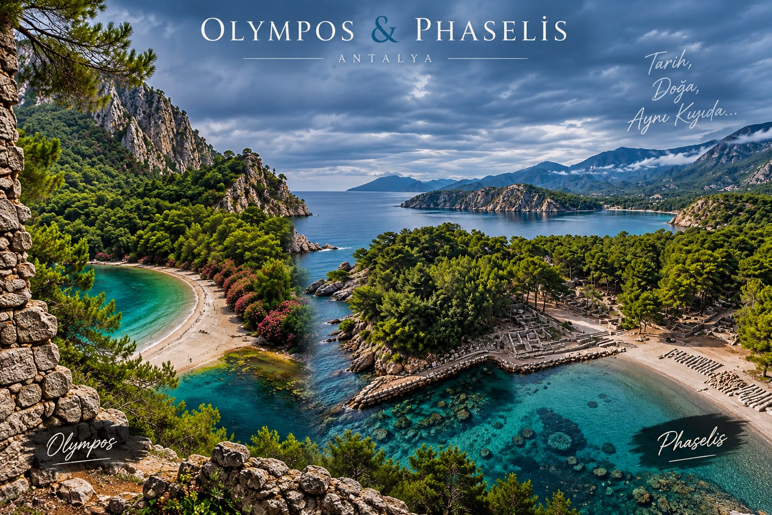 Olympos ve Phaselis kıyılarını bir araya getiren yazılı tur kapağı