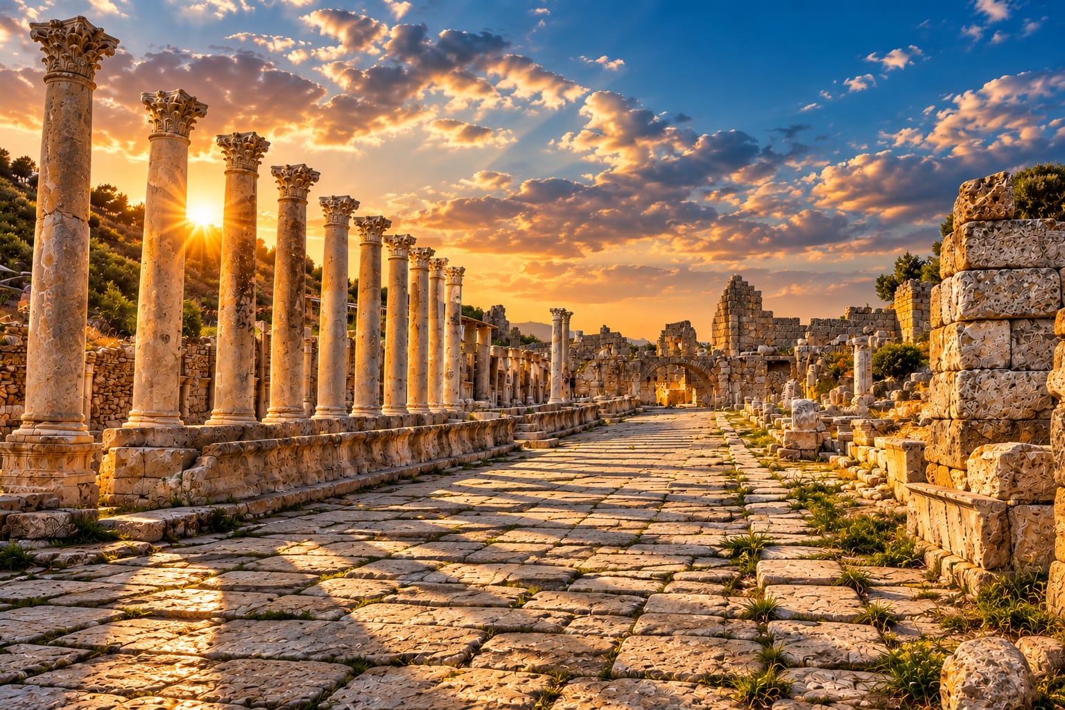 Perge sütunlu cadde temalı gün batımı görseli